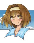  1girl blue_background blue_sailor_collar border brown_eyes brown_hair cloud cloudy_sky collarbone hairband highres kaho_(sister_princess) light_smile looking_at_viewer outside_border r2ndmix sailor_collar short_hair sister_princess sky solo upper_body white_border yellow_hairband 