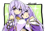  2girls bare_shoulders breasts cape circlet dual_persona fire_emblem fire_emblem:_genealogy_of_the_holy_war head_tilt holding_hands julia_(crusader_of_light)_(fire_emblem) julia_(fire_emblem) large_breasts long_hair looking_at_viewer medium_breasts multiple_girls open_mouth purple_cape purple_eyes purple_hair simple_background smile wide_sleeves yukia_(firstaid0) 