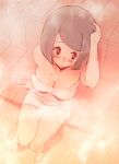  1girl arm_support arm_up bangs barefoot blush breasts bright_pupils cleavage closed_mouth commentary_request ero_kaeru from_above grey_hair lana&#039;s_mother_(pokemon) mature_female naked_towel no_sclera pokemon pokemon_(anime) pokemon_sm_(anime) sauna short_hair sitting solo steam sweat toes towel white_pupils 