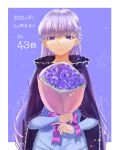  1girl absurdly_long_hair anniversary belly_chain blue_dress bouquet braid cloak cowboy_shot dress fire_emblem fire_emblem:_the_binding_blade flower french_braid highres holding holding_bouquet jewelry long_hair long_sleeves looking_at_viewer purple_background purple_cloak purple_eyes purple_flower purple_hair simple_background smile solo sophia_(fire_emblem) straight-on tsukimura_(d24f4z8j3t) very_long_hair 