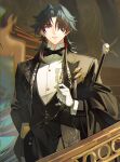  1boy 1girl alcohol black_bow black_bowtie black_coat black_hair black_jacket black_pants black_vest blade_(honkai:_star_rail) blurry blurry_background bow bowtie breast_pocket brown_hair buttons closed_mouth coat collared_shirt commentary cup dress dress_shirt drinking_glass earrings english_commentary expressionless eyes_visible_through_hair floating_hair gloves gradient_hair guaisanmu hair_bow hair_intakes hair_over_one_eye hand_in_pocket hand_up highres holding holding_clothes holding_coat holding_cup honkai:_star_rail honkai_(series) indoors jacket jewelry lapels leaf letterboxed long_hair long_sleeves looking_at_viewer male_focus mismatched_earrings multicolored_hair open_clothes open_jacket pants parted_bangs plant pocket railing red_eyes red_hair shirt sidelocks solo_focus stairs standing strapless strapless_dress suit tassel traditional_bowtie unworn_coat very_long_hair vest waistcoat white_bow white_dress white_gloves white_shirt wine_glass 