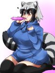  1girl alternate_costume animal_ears bangs black_hair black_thighhighs breasts brown_eyes commentary_request common_raccoon_(kemono_friends) condom curvy drawstring extra_ears eyelashes grey_hair hair_between_eyes hands_up highres holding holding_condom hood hood_down isna_(footprintsofisna) kemono_friends large_breasts long_sleeves medium_hair multicolored_hair over-kneehighs puffy_cheeks raccoon_ears raccoon_girl raccoon_tail sidelocks sitting sleeves_past_wrists solo squiggle tail taut_clothes thighhighs tsurime wariza white_hair you&#039;re_doing_it_wrong zettai_ryouiki 