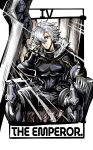  1boy 20day3 absurdres armor black_armor brown_eyes character_name clenched_hand emperor_(sennen_sensou_aigis) fur_trim gauntlets glint grey_hair hair_over_one_eye head_rest highres huge_weapon male_focus sennen_sensou_aigis short_hair sitting solo tarot weapon white_hair 