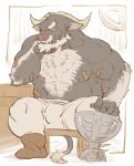 ahab_(tas) anthro artificial_leg aruji_yume belly bottomwear bovid bovine bulge clothing facial_hair hair horn lifewonders male mammal mature_male musclegut muscular nipples pecs shirtless shorts solo tokyo_afterschool_summoners true_buffalo water_buffalo white_hair