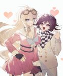  1boy 1girl 55779913 :3 black_choker blonde_hair blue_eyes breasts buttons checkered_clothes checkered_scarf choker cleavage commentary_request danganronpa_(series) danganronpa_v3:_killing_harmony fingerless_gloves flipped_hair gloves goggles goggles_on_head grin hair_between_eyes hand_on_own_hip heart iruma_miu large_breasts long_hair looking_at_another oma_kokichi open_mouth pink_skirt pleated_skirt purple_eyes purple_hair scarf short_hair sidelighting simple_background sketch skirt smile standing upper_body white_background 