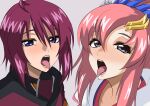  2girls blue_eyes commentary_request commission grey_background gundam gundam_seed gundam_seed_freedom hair_between_eyes hair_ornament jacket jeminiremu lacus_clyne light_blush long_hair looking_at_viewer lunamaria_hawke military_jacket multiple_girls open_mouth pink_hair pixiv_commission purple_hair red_jacket short_hair side-by-side simple_background teeth tongue tongue_out 