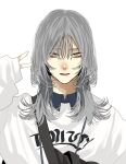  1girl blue_shirt choppy_bangs collared_shirt commentary grey_eyes grey_hair hair_between_eyes hand_up highres hoshi_san_3 long_hair looking_at_viewer original parted_lips shirt simple_background sleeves_past_wrists solo sweater symbol-only_commentary upper_body v white_background white_sweater 