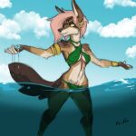 acev beach canid canine canis choker clothing cuffs_(disambiguation) female hi_res jackal jewelry mammal necklace outside pinup pose sea solo swimwear water