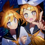  1boy 1girl aerial_fireworks blonde_hair blush bow eye_reflection fireworks hair_bow hair_ornament hairclip highres holding_another&#039;s_arm kagamine_len kagamine_rin nail_polish neckerchief nyaumineko open_mouth parted_lips pointing reflection sailor_collar short_hair short_sleeves sketch smile spiked_hair vocaloid 