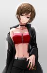  1girl black_choker black_coat black_pants breasts brown_eyes brown_hair choker cleavage coat collarbone earrings facing_viewer grey_background hand_in_pocket highres jewelry looking_at_viewer medium_breasts meiko_(vocaloid) midriff navel off_shoulder open_clothes open_coat pants parted_lips red_nails short_hair smile solo sorano_namida standing strapless tube_top upper_body vocaloid zipper 