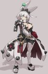  1girl blue_eyes breasts broken broken_chain chain cleavage elphelt_valentine fingerless_gloves full_body gloves grey_background guilty_gear guilty_gear_xrd gun highres holding holding_gun holding_weapon karukan_(monjya) large_breasts short_hair simple_background solo standing weapon white_hair 