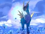  animal_focus blue_flower blue_sky closed_mouth cobalion commentary_request flower fusenryo horns no_humans outdoors pokemon pokemon_(creature) sky yellow_eyes 