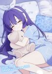 1girl absurdres ass bed_sheet blue_archive blue_pajamas blush closed_eyes closed_mouth dated highres long_hair pajamas purple_hair short_sleeves smile solo sonchou stuffed_animal stuffed_toy yuuka_(blue_archive) 