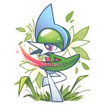  arm_blade artist_name colored_skin diviously flower gallade grass highres leaf looking_at_viewer multicolored_skin pokemon pokemon_(creature) red_eyes serious simple_background two-tone_skin weapon white_background white_skin 