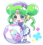  1girl :d ball beachball chibi colored_eyelashes commentary_request double_bun falulu falulu_(awakened) forehead_jewel frilled_skirt frills full_body green_hair grey_eyes hair_bun headphones holding holding_ball holding_beachball jinno_(jin_c_kkry) long_hair looking_at_viewer maid maid_headdress open_mouth parted_bangs pretty_series pripara sandals sidelocks simple_background skirt smile solo standing summer_maid_coord twintails unconventional_maid unicorn_(pripara) white_background 