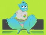 anthro big_breasts blue_body blue_fur bottomwear breasts butt_from_the_front cartoon_network clothed clothing crouching domestic_cat eyebrows eyelashes felid feline felis female figners footwear fur grillhou5e half-closed_eyes hi_res high_heels mammal mature_anthro mature_female narrowed_eyes nicole_watterson panties signature skirt solo the_amazing_world_of_gumball thick_thighs topwear underwear
