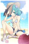  1girl ;p ball bare_arms bare_legs beach beachball bikini black_ribbon blue_eyes blue_hair bracelet breasts brown_headwear bun_cover cleavage cloud collarbone day denim denim_shorts front-tie_bikini_top front-tie_top full_body grey_shorts groin hagoromo_lala halterneck hamuhamu hat hat_ribbon highres jewelry long_hair looking_at_viewer micro_shorts navel ocean one_eye_closed open_clothes open_shorts outdoors pointy_ears precure ribbon shiny shiny_hair shorts sitting small_breasts solo sparkle star-shaped_pupils star_(symbol) star_twinkle_precure straw_hat striped striped_bikini summer sun_hat swimsuit symbol-shaped_pupils tongue tongue_out white_ribbon 