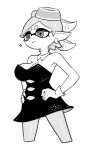  1girl absurdres alternate_breast_size bare_arms bare_shoulders bow-shaped_hair breasts cleavage cropped_legs detached_collar dress earrings flipped_hair food food_on_head gloves grey_hair hands_on_own_hips highres hoop_earrings inkling jewelry large_breasts marie_(splatoon) mole mole_under_eye monochrome o_den object_on_head pantyhose pointy_ears short_dress short_ponytail solo splatoon_(series) strapless strapless_dress sushi swept_bangs tentacle_hair thick_eyebrows updo 