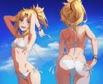  1girl :d adjusting_clothes adjusting_swimsuit armpits arms_behind_head arms_up ass back bare_shoulders bikini blonde_hair blue_sky braid breasts commentary day fangs fate/apocrypha fate_(series) french_braid from_behind front-tie_bikini_top front-tie_top green_eyes hair_ornament hair_scrunchie halterneck highres long_hair mordred_(fate) mordred_(fate/apocrypha) multiple_views navel open_mouth ponytail red_scrunchie scrunchie side-tie_bikini_bottom sidelocks sky small_breasts smile stomach string_bikini swimsuit tank_top tonee untied_bikini variant_set white_bikini 
