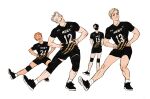  4boys black_footwear black_hair black_shirt black_shorts blonde_hair bokuto_koutarou brown_eyes chengongzi123 closed_mouth english_commentary grey_hair haikyuu!! hands_on_own_hips head_tilt highres hinata_shouyou knee_pads looking_at_viewer male_focus mask mouth_mask multicolored_hair multiple_boys numai_kazuma o_o open_mouth orange_hair sakusa_kiyoomi shirt shoes short_sleeves shorts simple_background sportswear standing streaked_hair stretching t-shirt undercut volleyball_uniform white_background yellow_eyes 