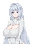  1girl absurdres bangs blue_eyes breast_tattoo breasts cleavage cleavage_cutout closed_mouth clothing_cutout crimecrime ethel_(xenoblade) grey_hair highres large_breasts long_hair looking_at_viewer meme_attire open-chest_sweater ribbed_sweater simple_background solo sweater tattoo upper_body very_long_hair white_background xenoblade_chronicles_(series) xenoblade_chronicles_3 