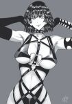  1girl absurdres armpits bondage_outfit breasts closed_mouth collar commentary elbow_gloves english_commentary fubuki_(one-punch_man) gloves greyscale hands_up heart_o-ring highleg highleg_panties highres large_breasts light_smile looking_at_viewer monochrome mostlybluewyatt o-ring one-punch_man panties short_hair signature simple_background solo spiked_collar spikes underwear v-shaped_eyebrows zipper 