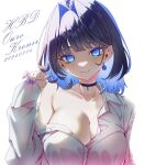  1girl arm_up ass blue_eyes blue_hair blue_nails blunt_bangs blush breasts choker cleavage collarbone collared_shirt colored_inner_hair dress_shirt earrings english_text hair_intakes highres hololive hololive_english jewelry large_breasts long_sleeves looking_at_viewer multicolored_hair nail_polish naked_shirt off_shoulder official_alternate_costume ouro_kronii partially_unbuttoned shirt short_hair sidelocks simple_background solo taka_t twirling_hair two-tone_hair virtual_youtuber white_background white_shirt 