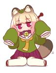  1girl animal_ear_fluff animal_ears bell blonde_hair blush brown_collar collar commentary_request full_body green_shirt hair_bun hair_ornament hands_up highres jingle_bell jitome kemomimi-chan_(naga_u) kemonomimi_mode leaf leaf_on_head long_sleeves looking_at_viewer motion_lines naga_u neck_bell necktie orange_necktie original pleated_skirt puffy_long_sleeves puffy_sleeves purple_eyes purple_skirt raccoon_ears raccoon_girl raccoon_tail red_footwear ribbon-trimmed_thighhighs ribbon_trim sailor_collar sandals shadow shirt simple_background sitting skirt sleeves_past_fingers sleeves_past_wrists solo striped_tail tail thighhighs wariza white_background white_sailor_collar white_thighhighs zouri 