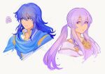  1boy 1girl alternate_hairstyle blue_cape blue_eyes blue_hair brother_and_sister cape chibi circlet deirdre_(fire_emblem) dress fire_emblem fire_emblem:_genealogy_of_the_holy_war hair_down hairstyle_switch highres julia_(fire_emblem) lamb_(contra_entry) long_hair ponytail purple_eyes purple_hair seliph_(fire_emblem) siblings simple_background upper_body 