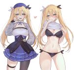  1girl black_bra black_panties blonde_hair blue_headwear blush bra choker dokibird_(vtuber) dress embarrassed evangellium fingerless_gloves gloves green_eyes grey_jacket hair_between_eyes hat highres indie_virtual_youtuber jacket layered_dress long_hair looking_at_viewer multiple_views open_mouth panties simple_background smile solo twintails underwear virtual_youtuber white_background 