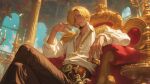  1boy alternate_costume artist_request blonde_hair crossed_legs curly_eyebrows earrings epaulettes facial_hair hair_over_one_eye highres holding indoors jewelry male_focus one_eye_covered one_piece open_clothes sanji_(one_piece) short_hair sitting solo teeth third-party_source 