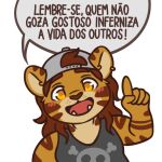 1:1 5_fingers anthro clothed clothing ear_piercing eyebrows felid fingers hat headgear headwear looking_at_viewer male mammal mytigertail open_mouth open_smile pantherine piercing portuguese_text simple_background smile smiling_at_viewer solo speech_bubble talking_to_viewer text tiger white_background