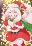  2022 anthro blush canid canine canis christmas clothed clothing costume digital_media_(artwork) domestic_dog eyes_closed female female_anthro fini_(world_flipper) fluffy fur hair happy hi_res holidays horokusa0519 kemono mammal midriff navel open_mouth santa_costume snow solo tongue white_body white_fur white_hair world_flipper 