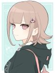  1girl black_jacket blush bow brown_hair collared_shirt danganronpa_(series) danganronpa_2:_goodbye_despair ear_bow flipped_hair from_side galaga hair_ornament highres hood hooded_jacket jacket medium_hair monomi_(danganronpa) nanami_chiaki pink_eyes pink_ribbon ribbon shirt smile solo yu_ke 