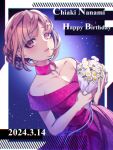  1girl bare_shoulders bouquet braid breasts brown_hair character_name cleavage collarbone danganronpa_(series) danganronpa_10th_anniversary_costume danganronpa_2:_goodbye_despair dated dress flower galaga happy_birthday highres holding holding_bouquet large_breasts nanami_chiaki nota_sayaka off-shoulder_dress off_shoulder official_alternate_costume pink_dress short_hair short_sleeves solo starry_background white_flower 