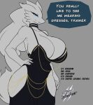 absurd_res anthro areola areola_slip biped blue_eyes breasts cleavage clothed clothing dialogue female fur generation_5_pokemon hi_res hollow_hip_dress legendary_pokemon lipstick looking_at_viewer makeup nintendo pokemon pokemon_(species) reshiram solo speech_bubble text thyhsilverfeet white_body white_fur