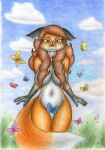  absurd_res anthro arthropod butterfly canid canine convenient_censorship eliza_gardis female fox hair hair_covering_breasts hi_res imminent_sneeze insect lepidopteran mammal navel nude sinaherib solo traditional_media_(artwork) 
