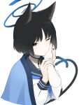  1girl absurdres animal_ears black_choker black_eyes black_hair black_nails blue_archive blue_neckerchief blush cat_ears cat_tail choker disembodied_limb exiadoon halo hand_grab hand_on_another&#039;s_cheek hand_on_another&#039;s_face haori highres holding_hands japanese_clothes kikyou_(blue_archive) long_sleeves multiple_tails nail_polish neckerchief one_eye_closed ribbon_choker school_uniform serafuku short_hair tail two_tails white_background 