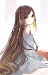  1girl :o artist_name bare_shoulders brown_hair chiori_(genshin_impact) commentary_request dress eyelashes foot_out_of_frame genshin_impact grey_background grey_dress hair_down highres long_hair long_sleeves looking_at_viewer looking_back midorinokaibutu4500 multicolored_hair off-shoulder_dress off_shoulder open_mouth parted_bangs parted_lips red_eyes shirt sidelocks simple_background sitting sketch solo streaked_hair swept_bangs twitter_username very_long_hair wariza white_background 