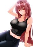  1girl alternate_costume bare_shoulders black_pants black_shirt blush breasts casual closed_mouth collarbone commentary_request commission denim engo_(aquawatery) fate/grand_order fate_(series) hair_between_eyes hair_intakes jeans large_breasts lips long_hair looking_at_viewer midriff navel pants pink_lips purple_hair red_eyes scathach_(fate) shirt simple_background sitting skeb_commission sleeveless sleeveless_shirt smile solo very_long_hair white_background 