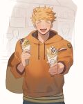  1boy bag blonde_hair blush closed_eyes food granblue_fantasy higashigunkan holding holding_food hood hood_down hoodie male_focus open_mouth orange_hoodie short_hair shoulder_bag smile solo upper_body vane_(granblue_fantasy) 