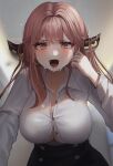  1girl @_@ aru_(blue_archive) bangs black_skirt blue_archive blurry blurry_background blush breasts buttons cleavage collarbone collared_shirt commentary_request dripping gusim highres horns large_breasts long_hair long_sleeves looking_at_viewer no_bra open_mouth red_hair shirt skirt solo sweat white_shirt yellow_eyes 