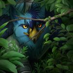  avian beak digital_media_(artwork) feathered_wings feathers feral forest forest_background gryphon hair hi_res lemondeer looking_at_viewer male mythological_avian mythology nature nature_background plant solo tree wings 