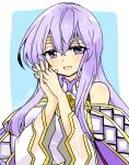  1girl bare_shoulders circlet dress fire_emblem fire_emblem:_genealogy_of_the_holy_war julia_(fire_emblem) long_hair open_mouth own_hands_clasped own_hands_together purple_dress purple_eyes purple_hair simple_background smile solo upper_body wide_sleeves yukia_(firstaid0) 