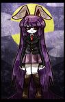  1girl :&gt; animal_ears black_jacket boots brown_footwear buttons cloud cloudy_sky collared_shirt full_moon jacket long_hair long_sleeves looking_to_the_side moon necktie night night_sky pale_skin purple_hair purple_skirt rabbit_ears rabbit_girl red_eyes red_necktie reisen_udongein_inaba shirt skirt sky smile suenari_(peace) thigh_boots touhou very_long_hair white_fur white_shirt 