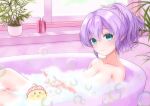  1girl armpit_crease azur_lane bath bathing bathtub breasts bubble_bath cleavage collar commentary feet_out_of_frame green_eyes hair_between_eyes hairband highres javelin_(azur_lane) light_blush looking_at_viewer manjuu_(azur_lane) medium_breasts medium_hair plant potted_plant purple_theme resting shampoo_bottle shinkyuu sidelocks soap_bubbles window windowsill 