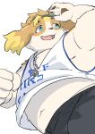 absurd_res anthro belly blonde_hair blue_eyes canid canine canis clothing domestic_dog eyewear floppy_ears goggles hair hi_res hisaki_(live_a_hero) lifewonders live_a_hero male mammal navel redpansama shirt slightly_chubby solo tank_top topwear