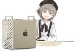  1girl apple_inc. beret black_headwear black_ribbon brown_eyes collared_shirt computer computer_tower fangs flower gesture grey_hair hair_flower hair_ornament hair_ribbon hat hatoba_tsugu highres leaning_to_the_side light_blush long_sleeves looking_at_viewer mac_pro macintosh mole mole_under_eye open_mouth ouka_(yama) ribbon shirt short_hair simple_background single_hair_ring sketch skin_fangs smile solo suspenders table tsugu_(vtuber) upper_body virtual_youtuber white_background white_flower white_shirt 
