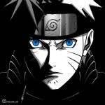  1boy aboude_art artist_name blue_eyes closed_mouth commentary facial_mark forehead_protector instagram_logo instagram_username konohagakure_symbol limited_palette looking_at_viewer male_focus naruto_(series) naruto_shippuuden short_hair signature solo spiked_hair uzumaki_naruto whisker_markings 