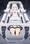  absurdres azusa_(blue_archive) barefoot blue_archive bound bound_toes character_request feet flower foot_focus hair_flower hair_ornament highres juzi_(orange8619) long_hair lying machine notice_lines purple_eyes restrained soles spread_toes stationary_restraints tagme toes white_hair 